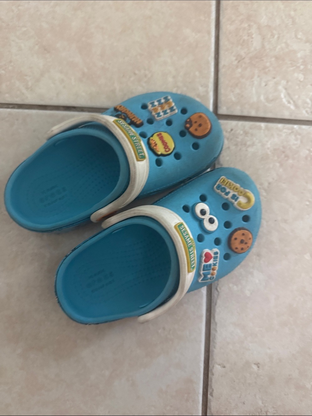 CROCS Kids Blue Clog Sandals with White Strap and Fun Charms Sesame St sz 10
